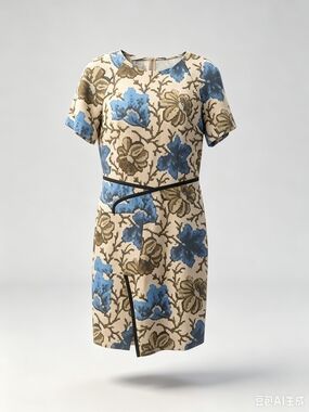 Dries Van Noten Floral Blue and Beige Short-Sleeve Sheath Top